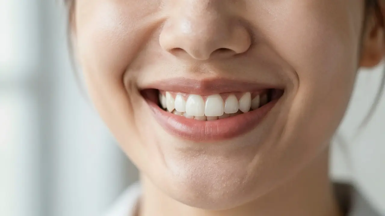 Úsměv spokojeného člověka s přirozeně bílými zuby po aplikaci fazet