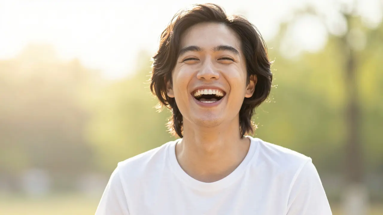 Žářivý a sebevědomý úsměv člověka, který cítí úlevu a radost.