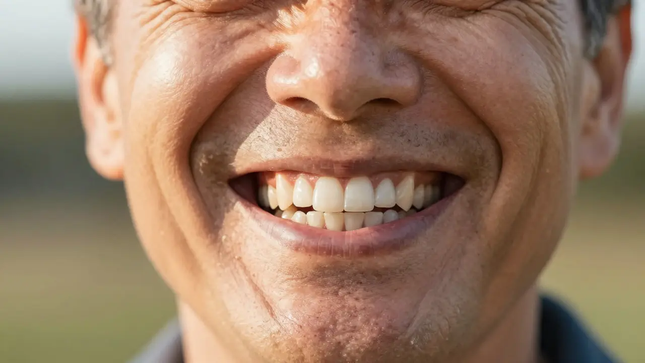 Zavřený detail šťastného člověka s přirozeným a zdravým úsměvem po rekonstrukci.