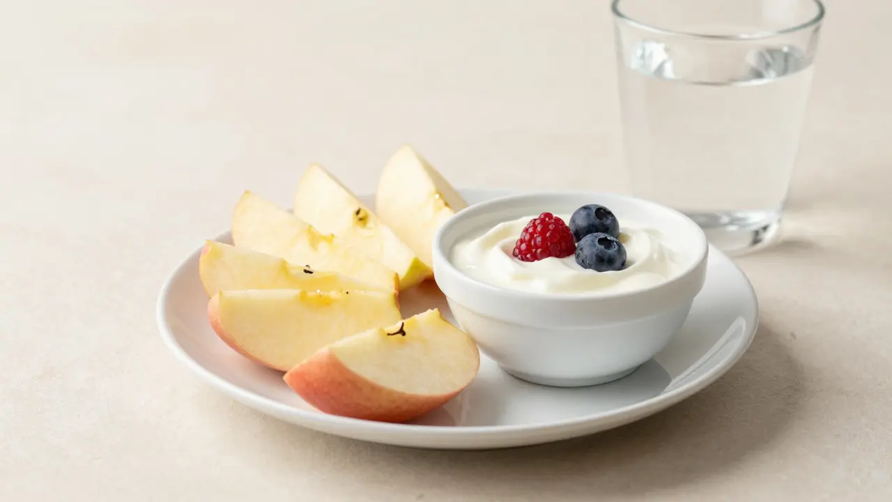 Zdravá svačina s nakrájeným jablkem a jogurtem pro lidi s rovnátkama.