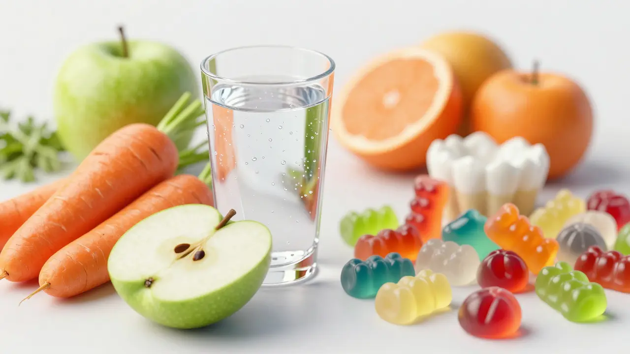 Zdravá svačina z mrkve a jablek vedle sklenice vody.