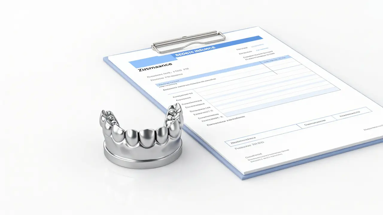 Zirkonová korunka vedle lékařské faktury a pojistných dokumentů na bílém stole.