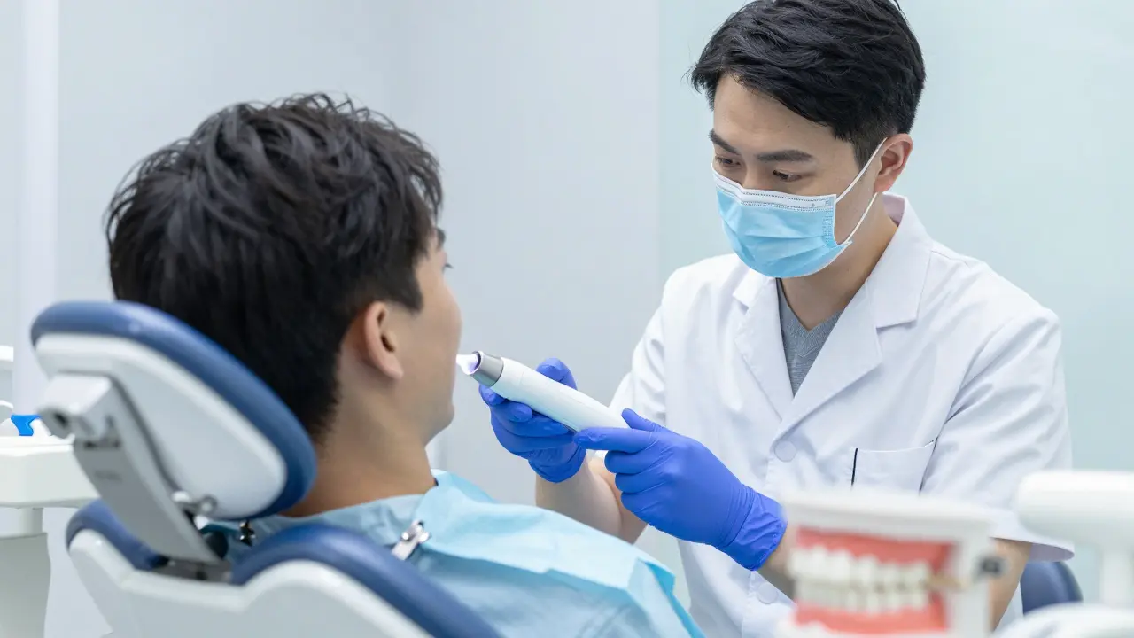 Dentista používá 3D skener pro přesné měření zubů v ordinaci