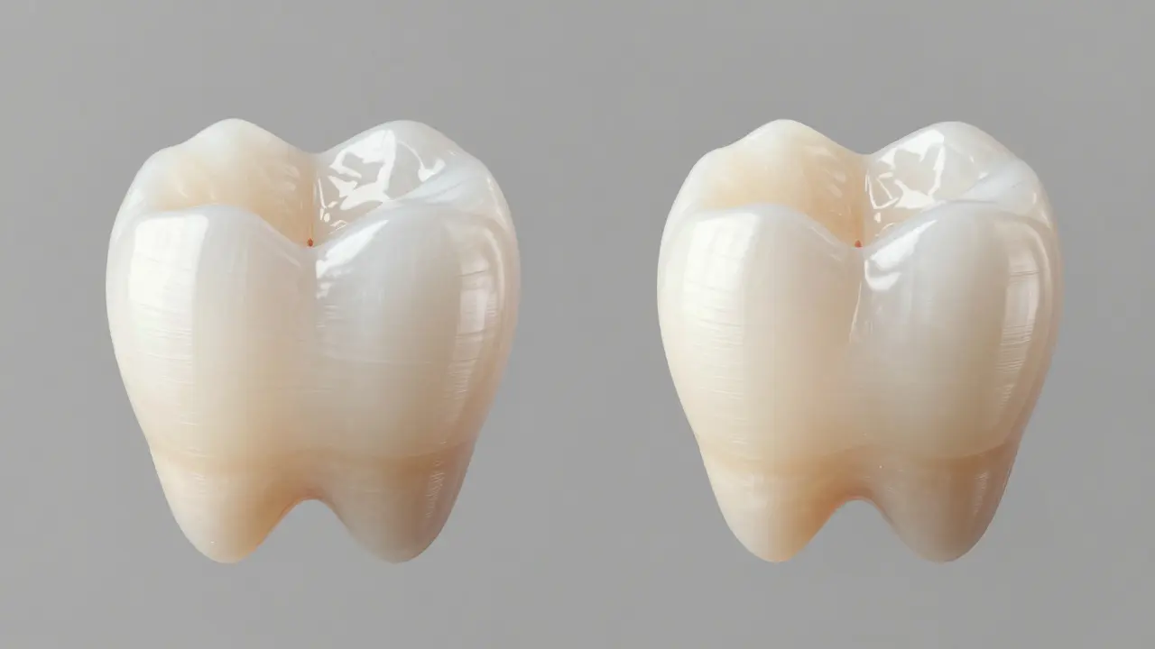 Detailní srovnání povrchu porcelánové a kompozitní lišty na zubu