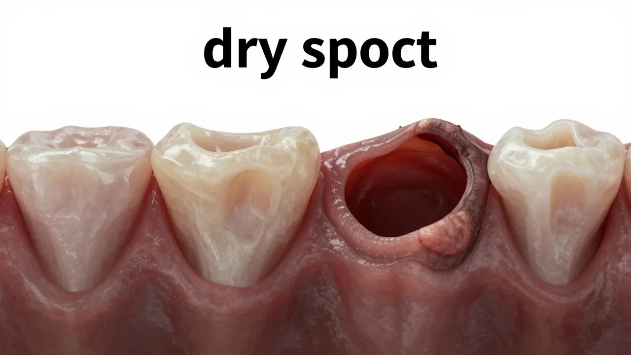 Ilustrace suché alveolity s odkrytou kostí v doupěti