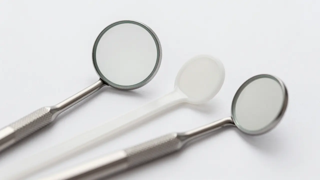Srovnání typů dentálních zrcátek pro domácí použití na bílém pozadí.