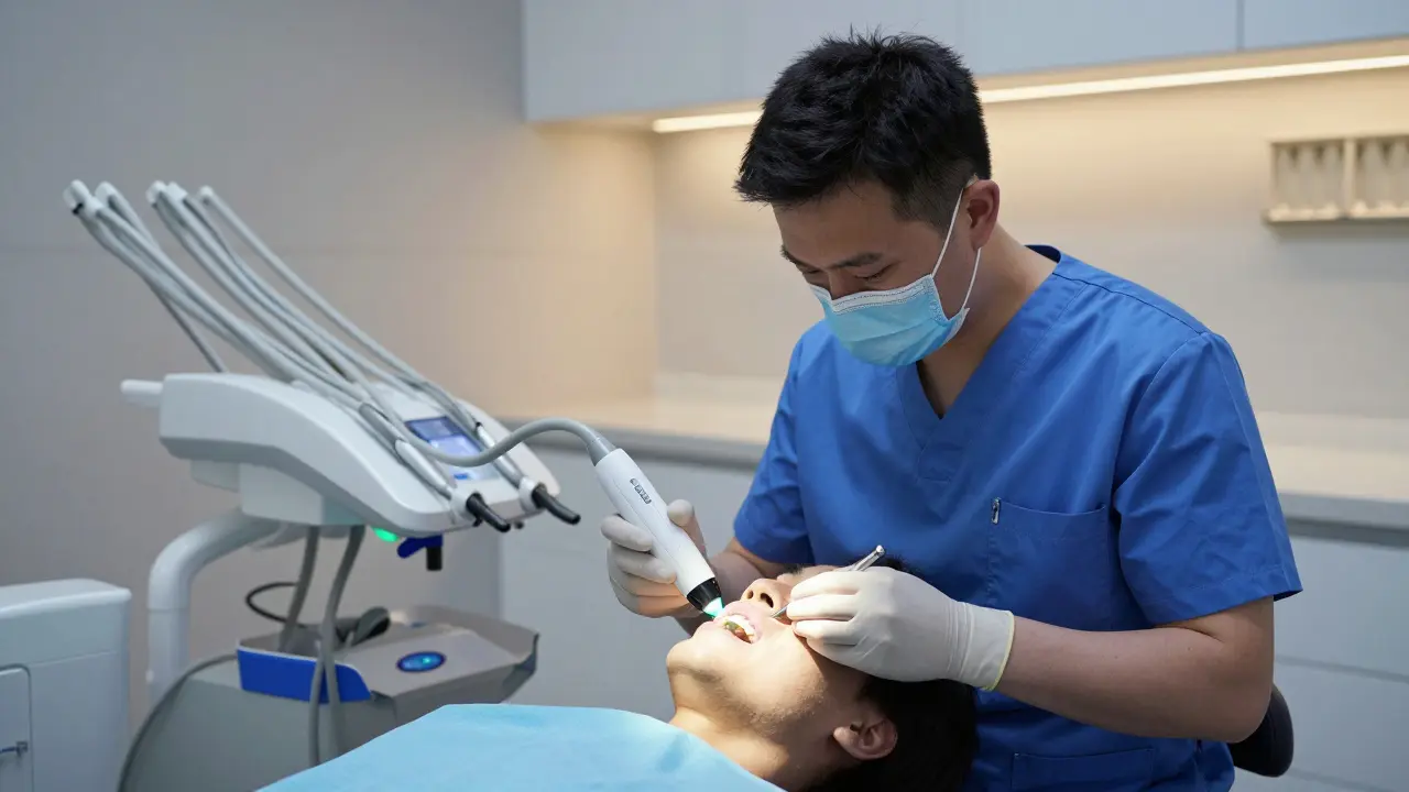 Stomatolog používá diagnostické zařízení pro kontrolu zubů