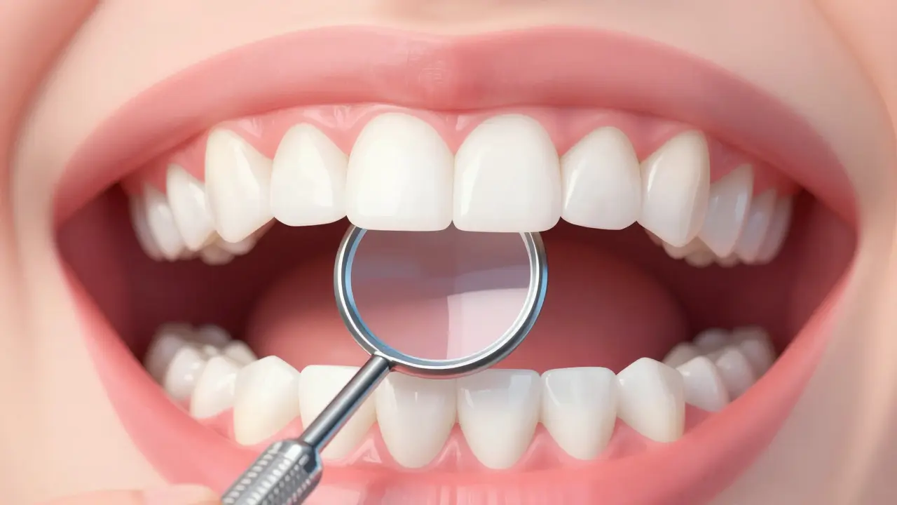 Zdravé zuby a dásně viditelné v odrazu dentálního zrcátka.