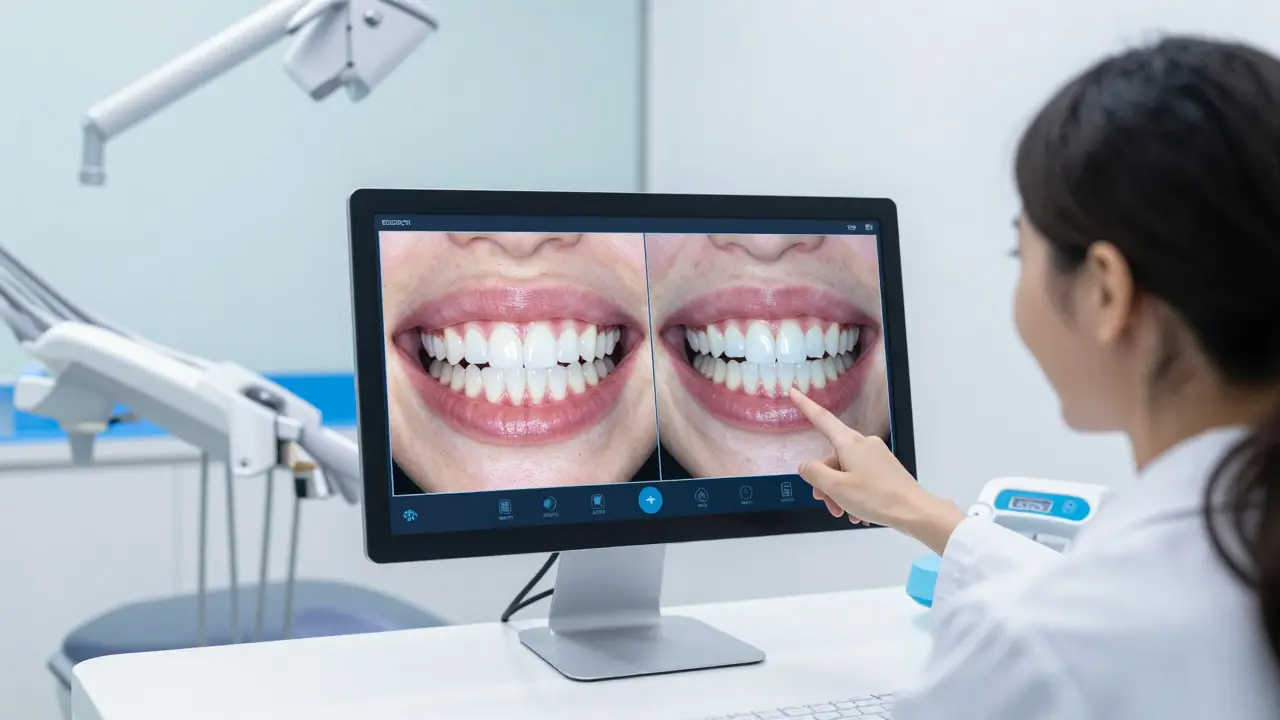 Zubař ukazuje pacientovi digitální simulaci nového úsměvu na monitore.