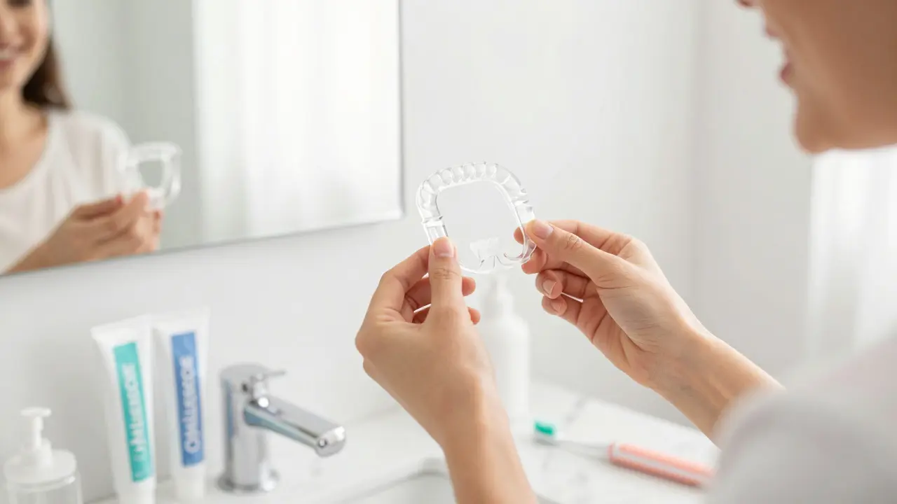 Čirý bělicí náplast a tuba gelu v koupelně