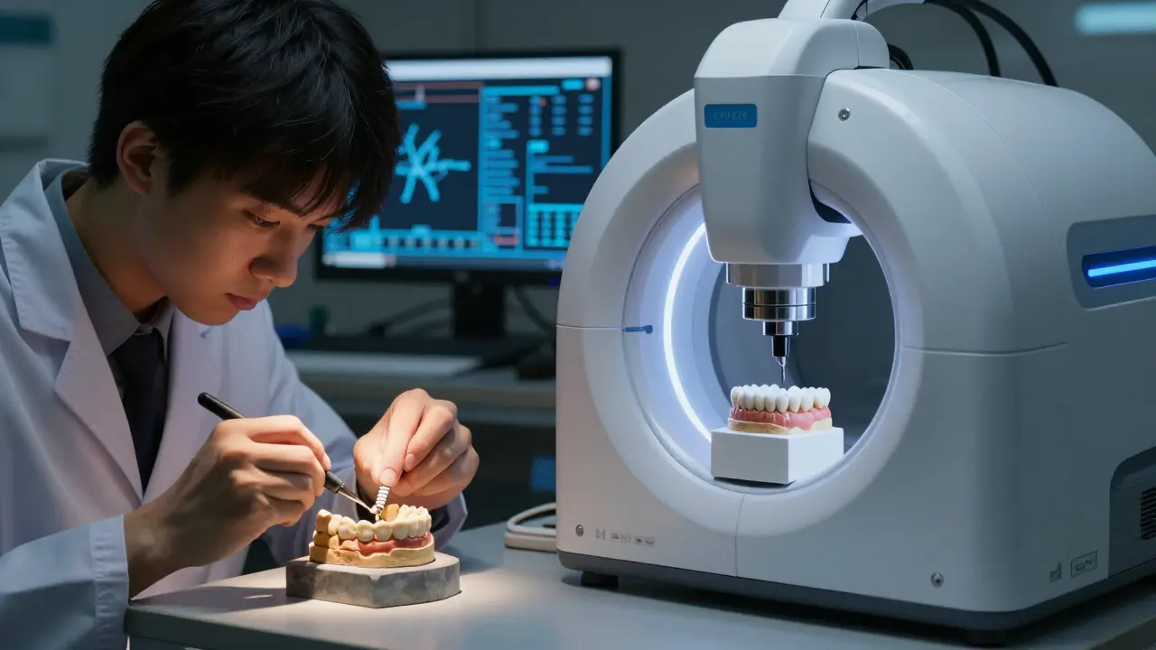 Kombinace ruční práce voskem a moderního CAD/CAM stroje v zubní laboratoři