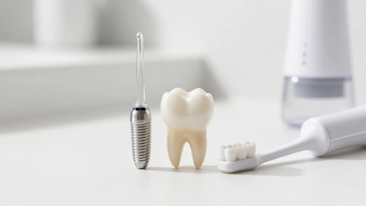 Mezizubní kartáčky a zirkoniová korunka symbolizující péči o implantáty