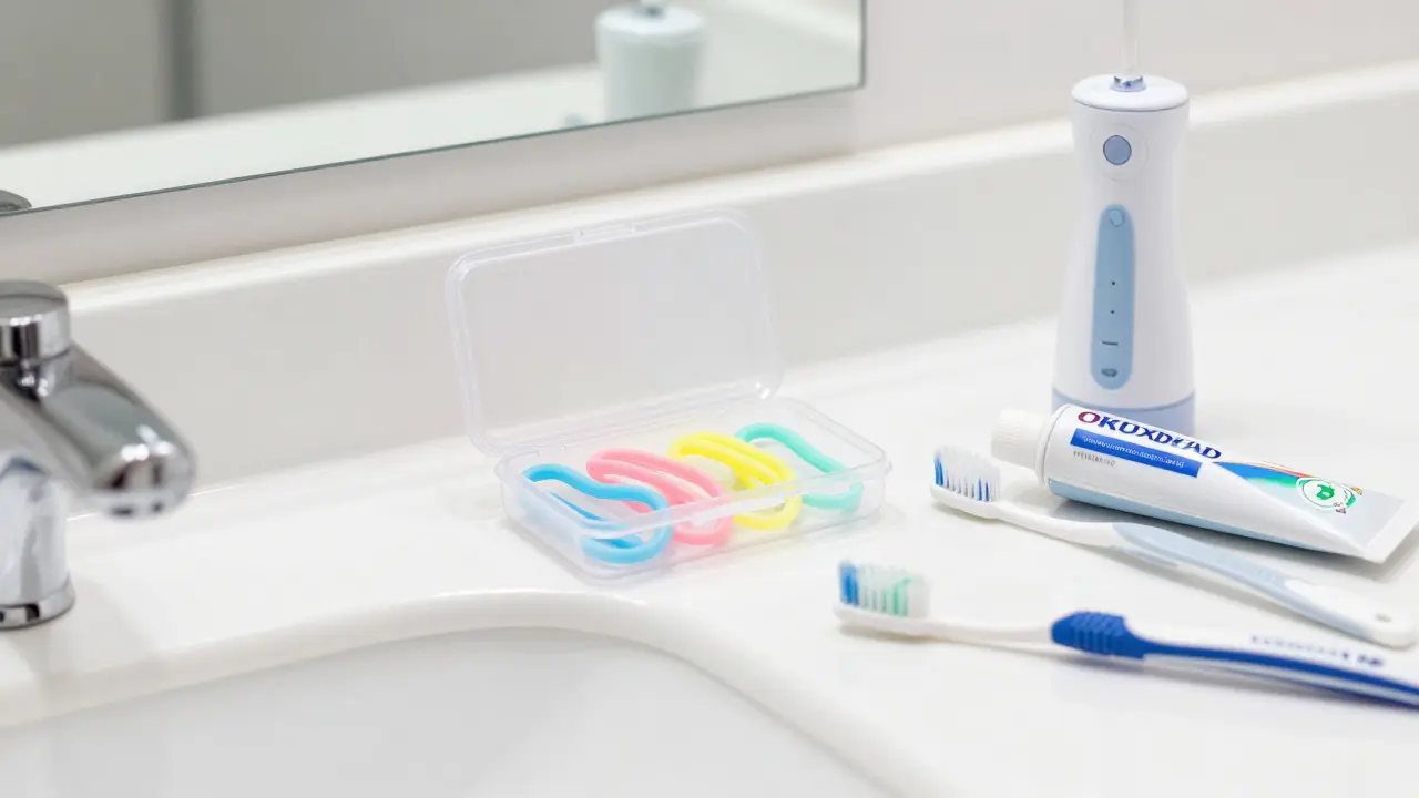 Přehled hygienických potřeb pro péči o rovnátka a gumičky na stole
