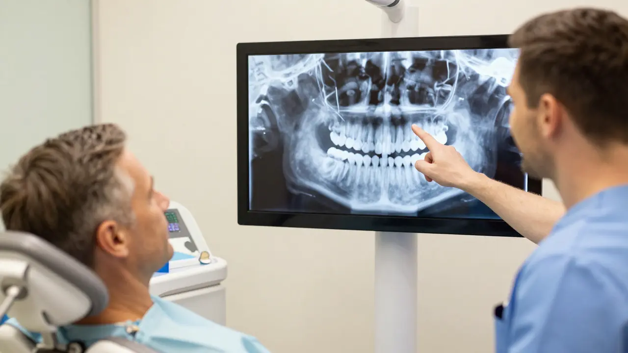 Stomatolog vysvětluje pacientovi 3D CT snímek čelisti na monitoru