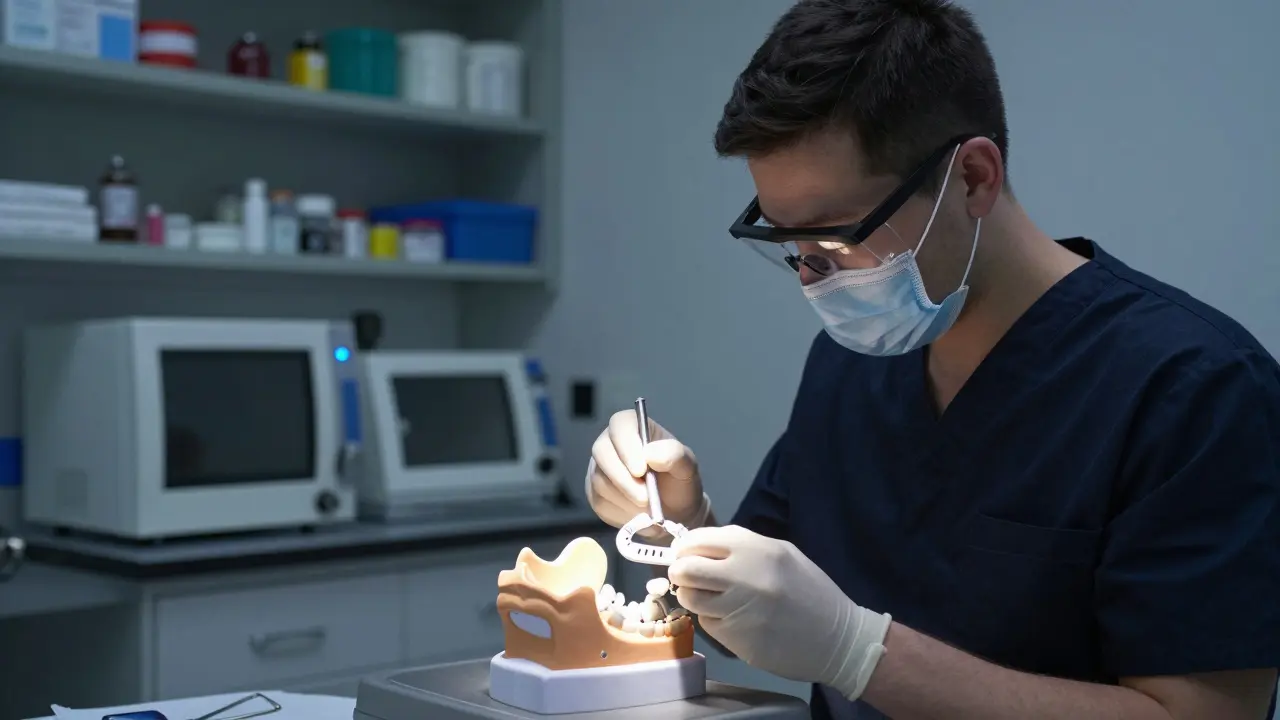 Zubní laborant zkoumá komplexní maxilofaciální protézu v nemocničním prostředí