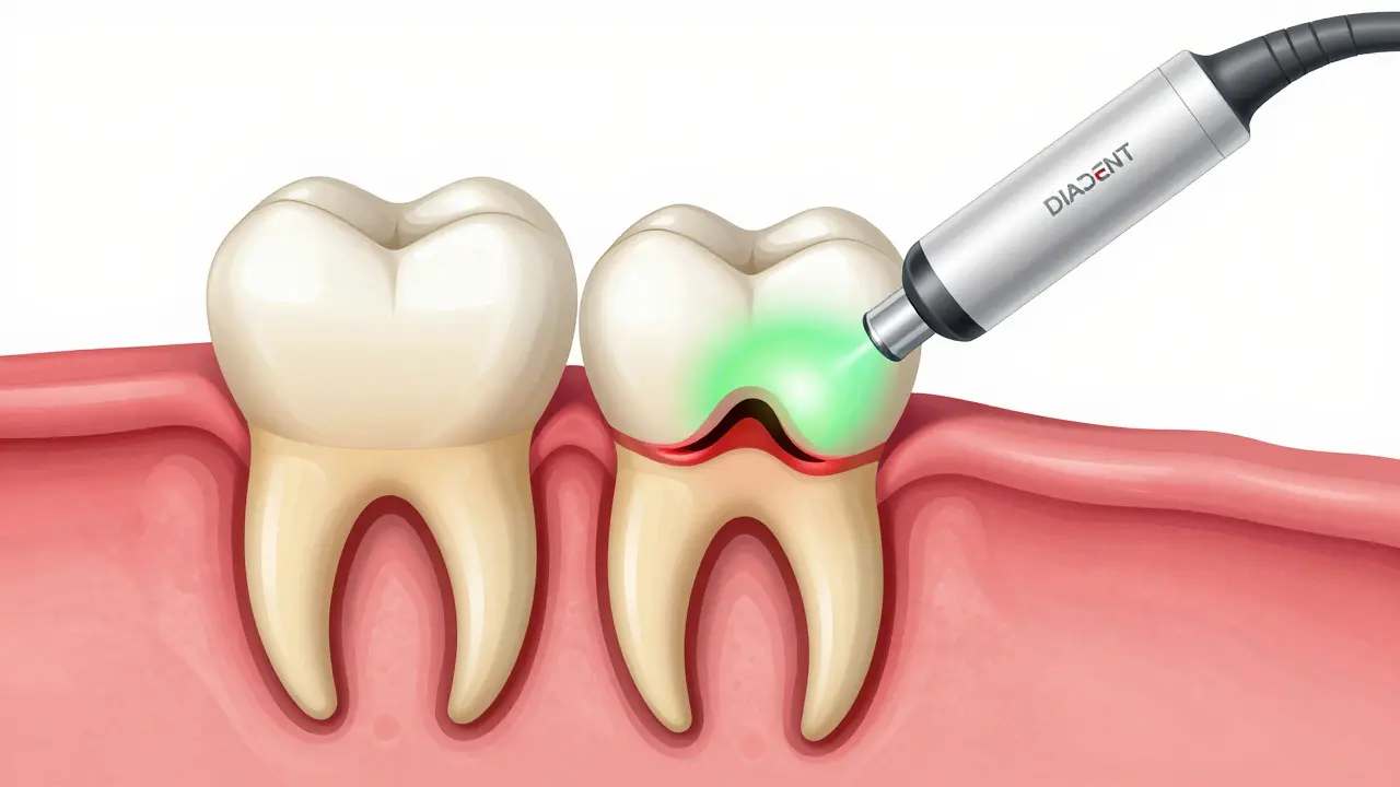 Křížový řez zubem ukazující kaz a diagnostické laserové světlo