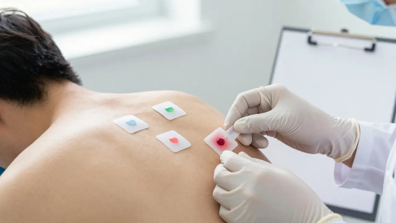 Ortodont provádí alergie test na zádech pacienta