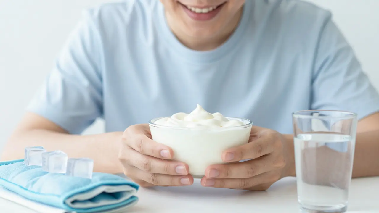 Osoba s jogurtem a smoothie symbolizující úlevu a měkkou stravu