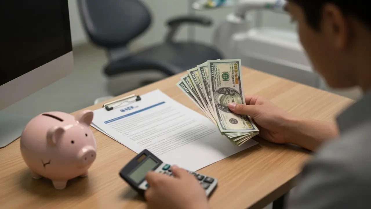 Person reviewing bills and insurance documents at desk