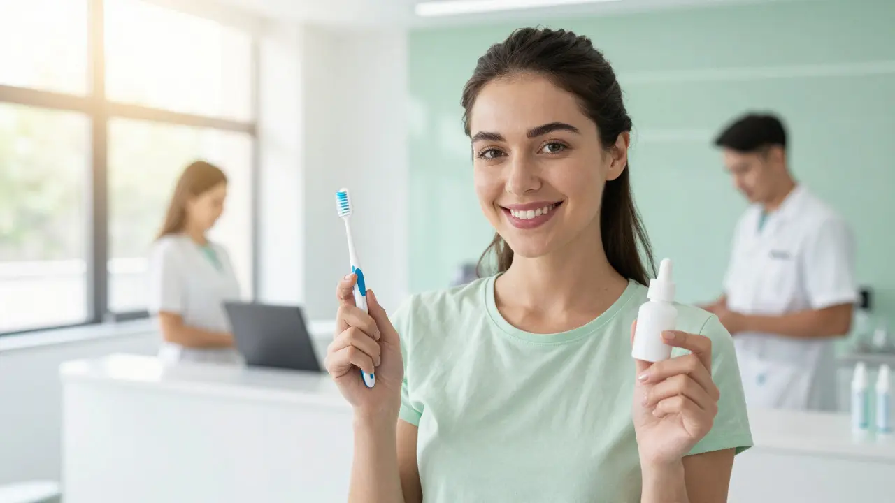 Smiling woman holding toothbrush in bright dental clinic