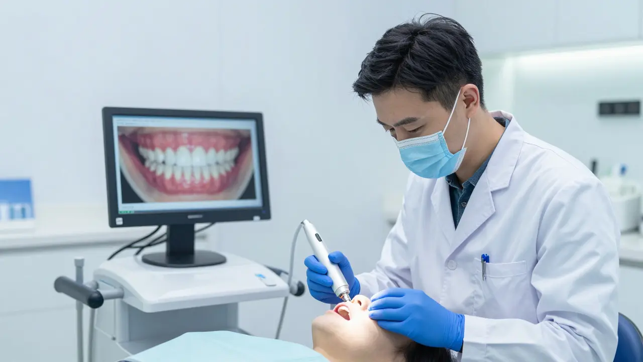 Zubní lékař používá 3D skener v moderní ordinaci