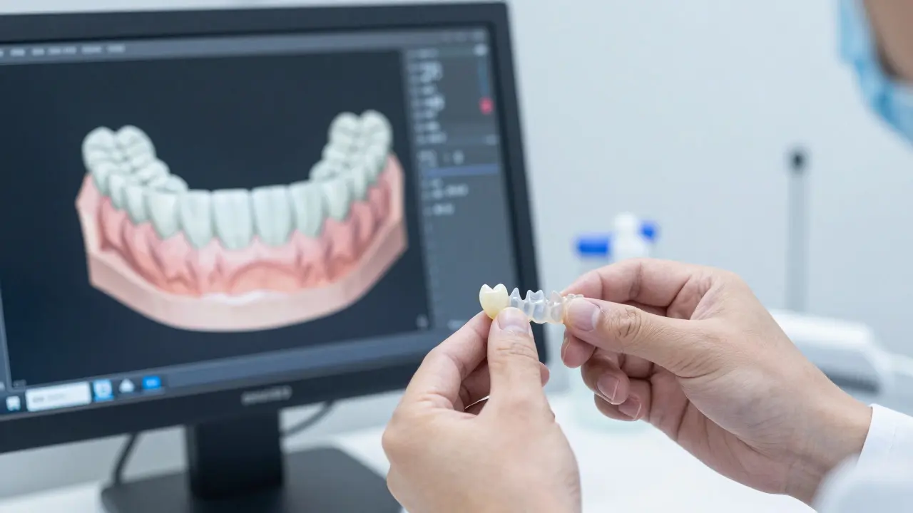 Zubní technik pracuje na keramické korunce a digitálním modelu zubů