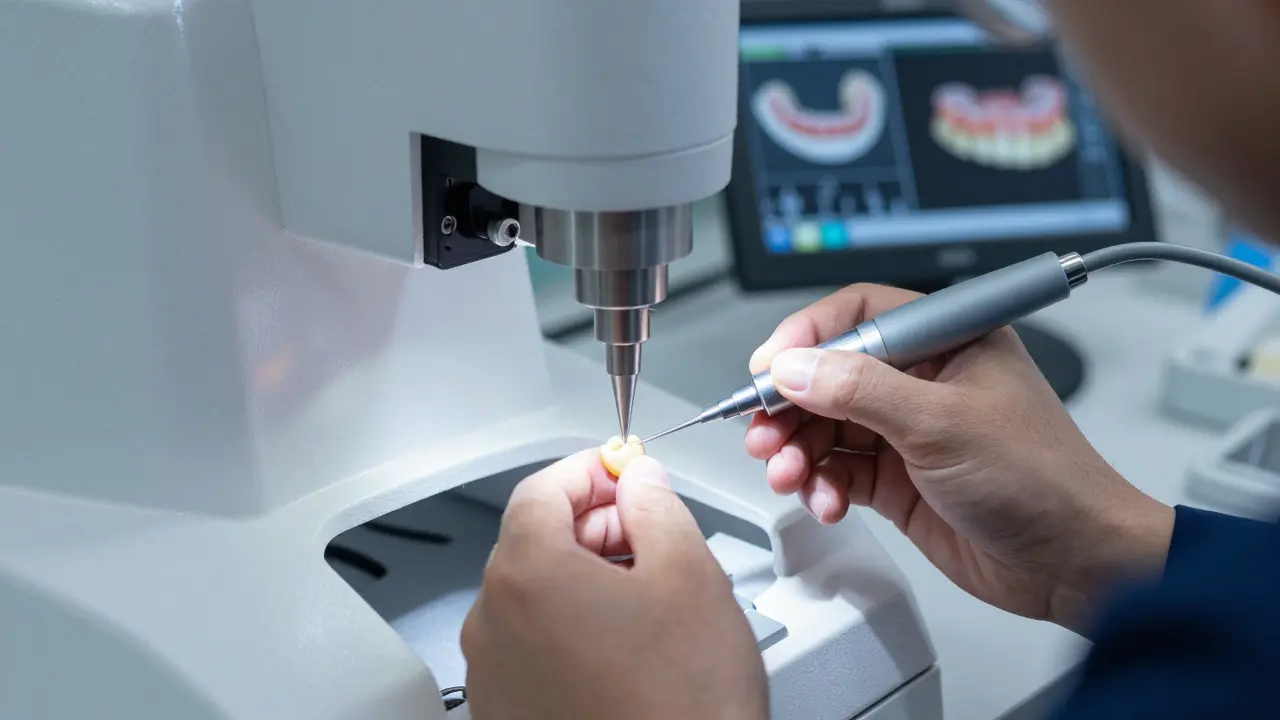 Zubní technik upravuje keramickou korunku v laboratoři