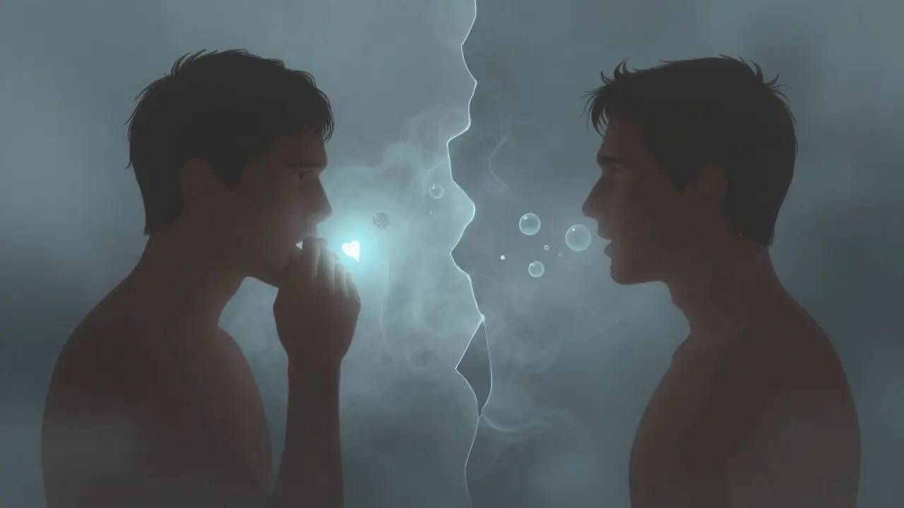 Abstraktní ilustrace neviditelných bariér mezi dvěma lidmi kvůli dechu