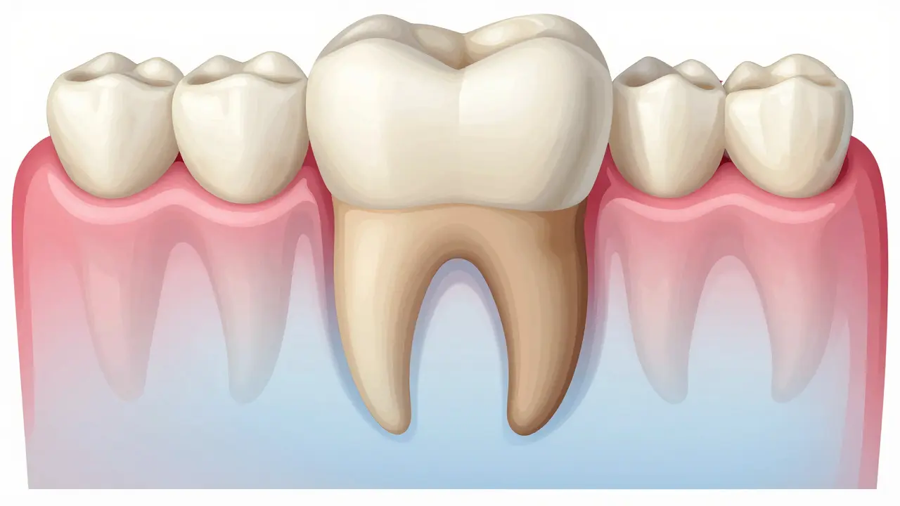 Anatomický řez čelistí ukazující rozpouštění kořene mléčného špičáku.