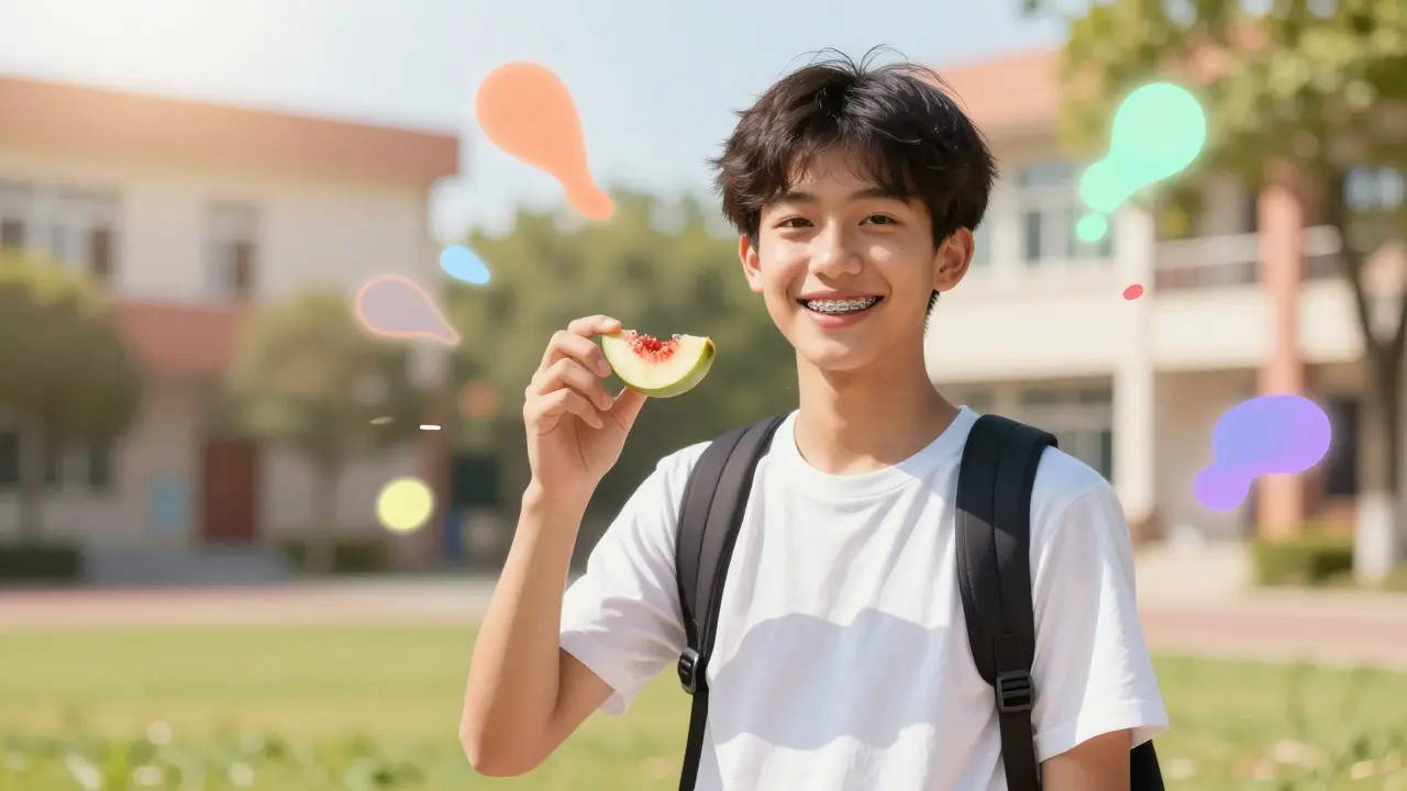 Confident teenager smiling with braces in a sunny schoolyard