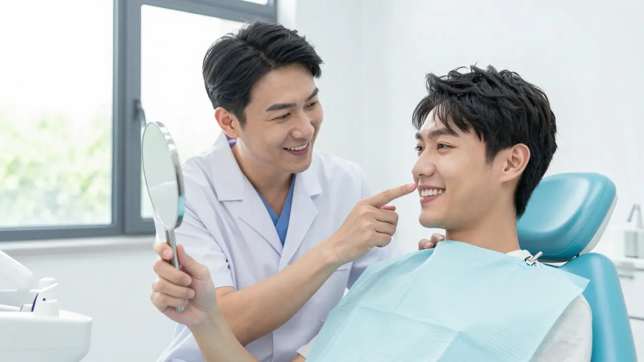 Dentista ukazuje pacientce zdravý úsměv v zrcadle