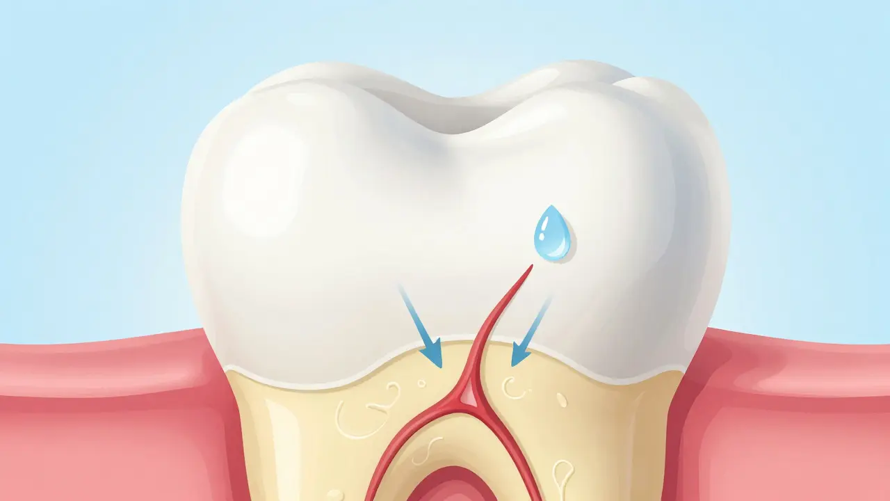 Detailní anatomický pohled na zub s odhalenou dentinou a nervem