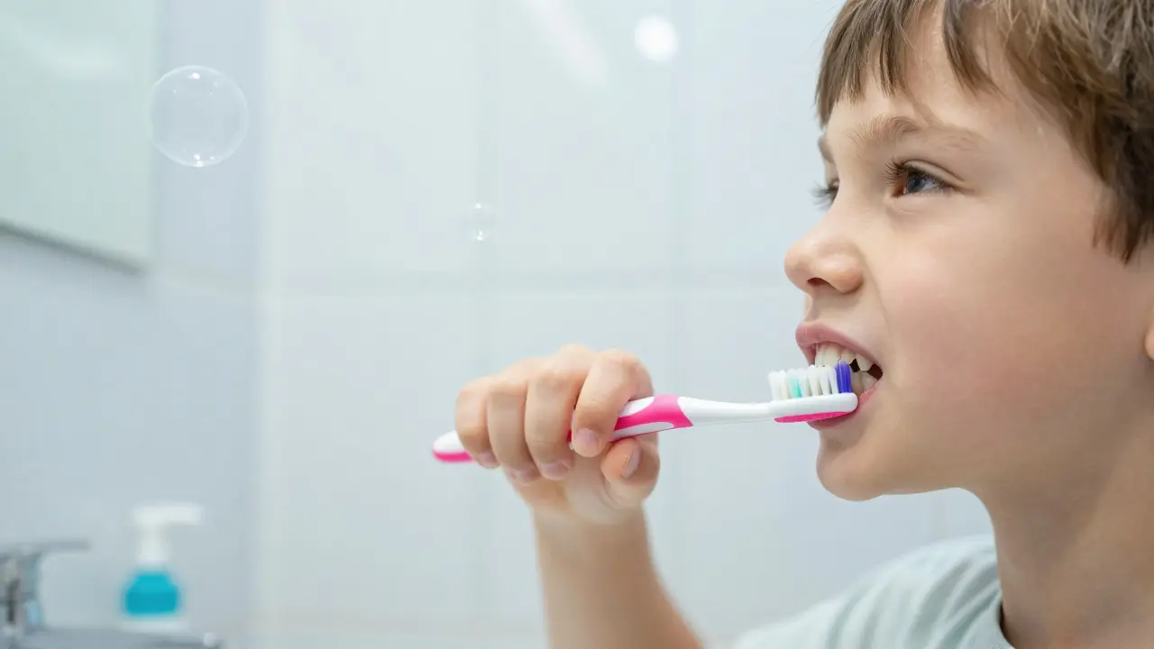 Dítě čistí zuby v oblasti nově prorostlého stálého špičáku