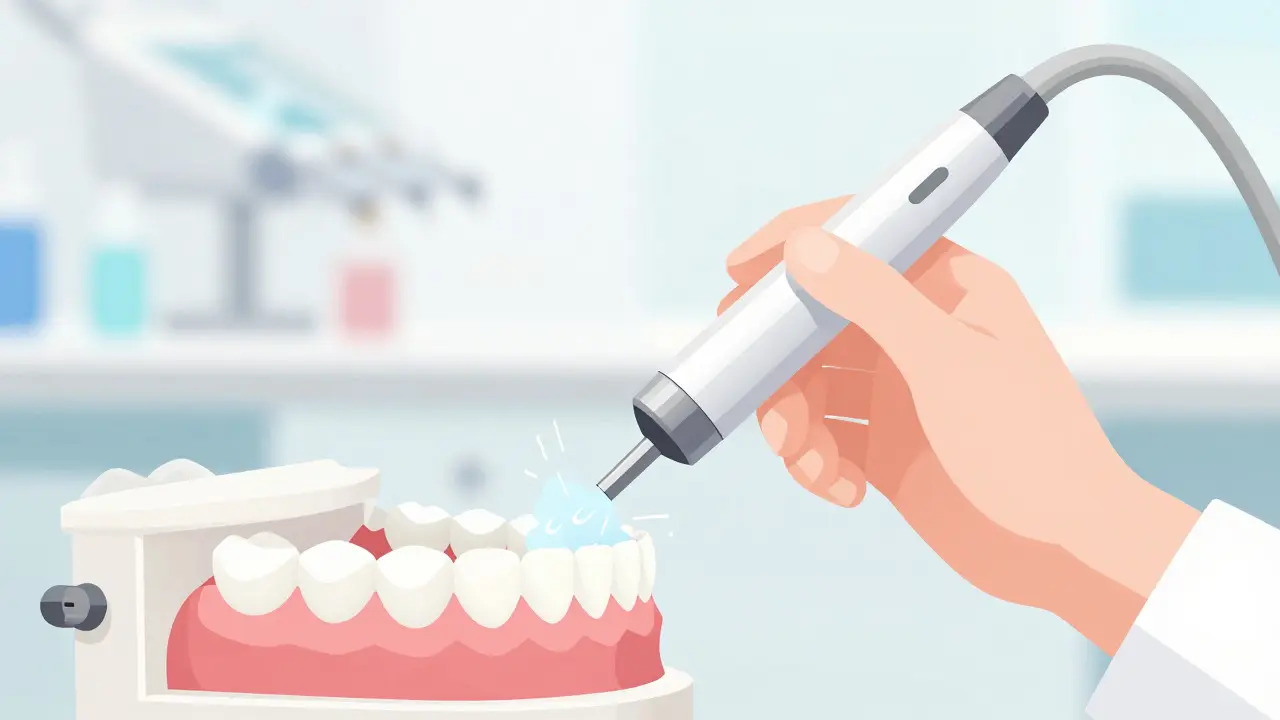 Hygienik používá ultrazvukový nástroj k čištění zubů ve světlé ordinaci