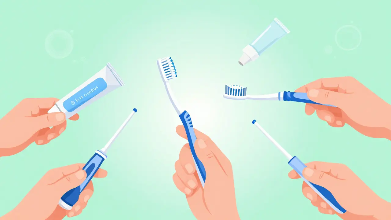 Ilustrácia zobrazujúca špeciálne nástroje na hygienu zubov počas nošení rovnátek