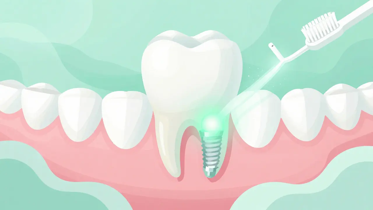 Konceptuální ilustrace zdravého zubního implantátu integrovaného s kostí a péče o něj