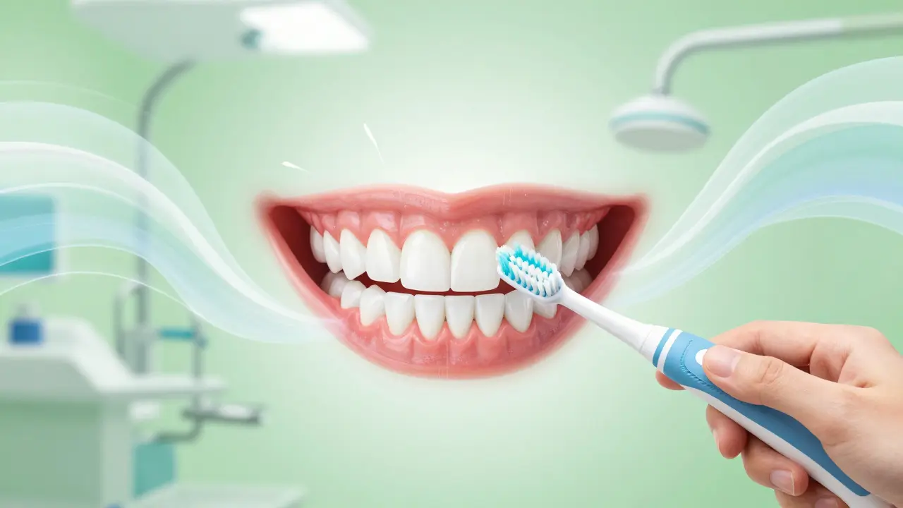 Konceptuální ilustrace zdravých dásní a zubů díky pravidelné prevenci