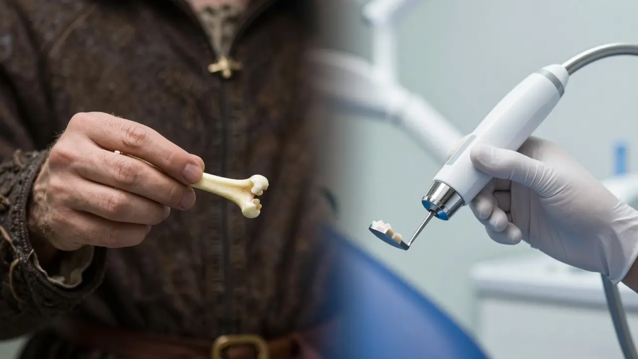 Kontrast mezi středověkým čištěním zubů a moderní ultrazvukovou kyretáží