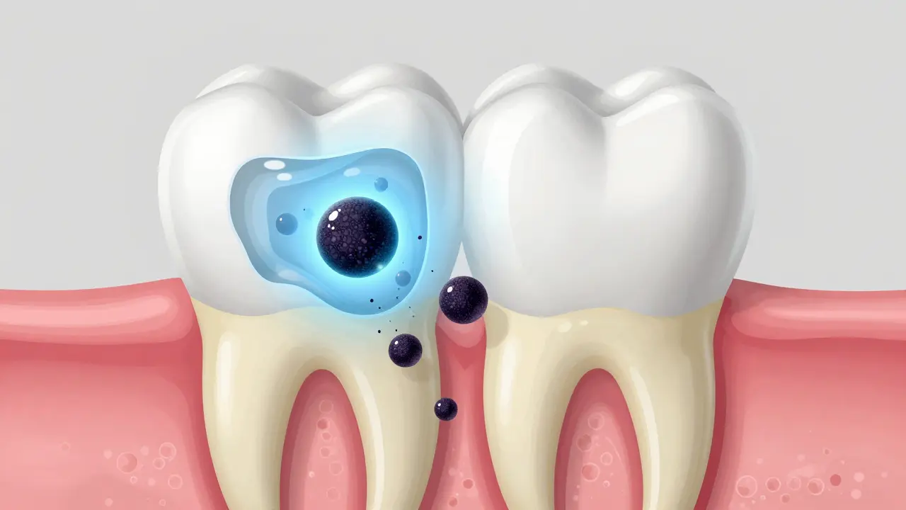 Schéma průniku peroxidu skrz sklovinu k dentinu