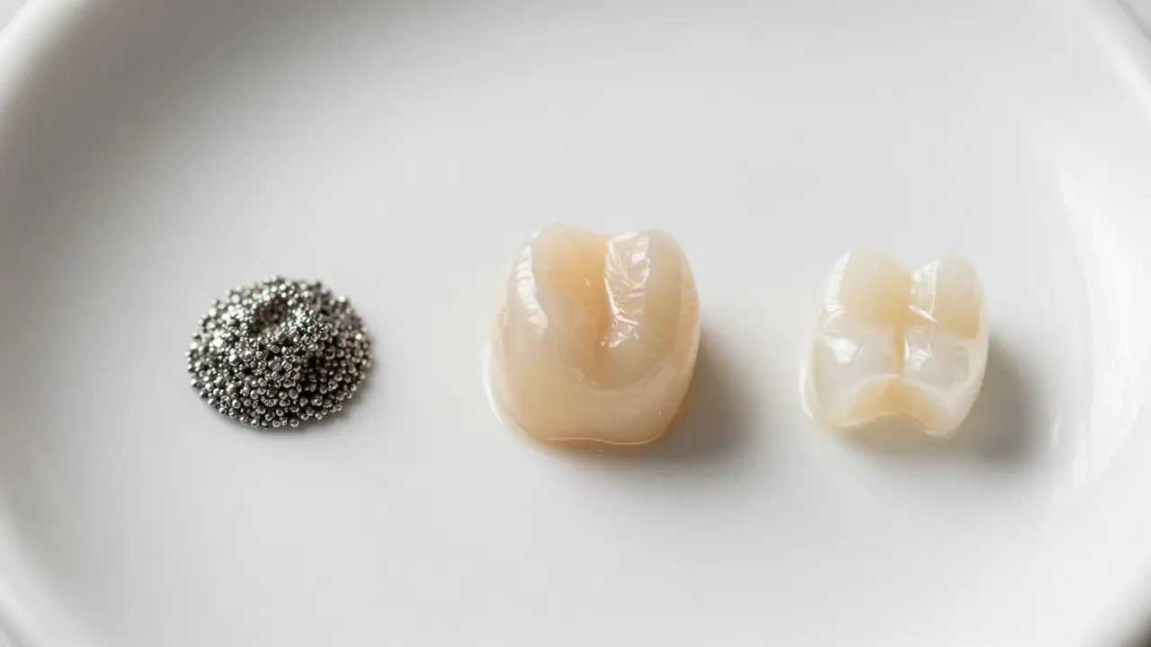 Srovnání materiálů pro plomby: amalgam, kompozit a keramika na bílém podkladu