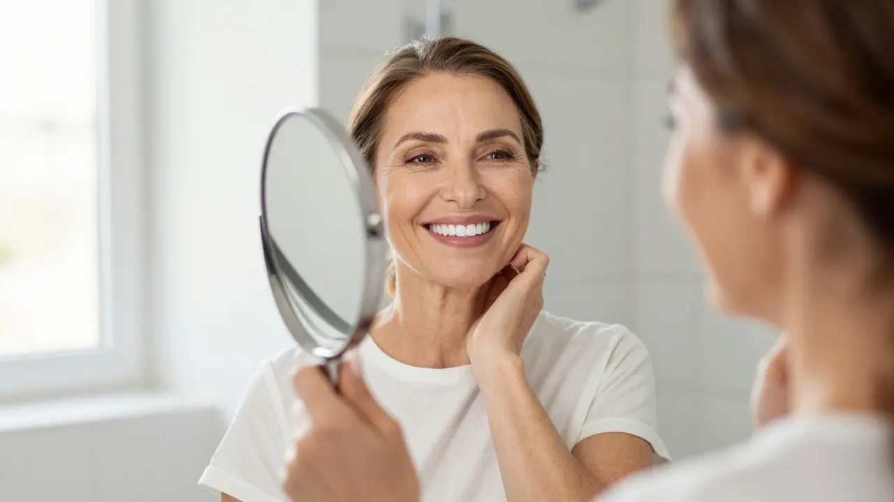 Woman smiling confidently at her new teeth in a mirror