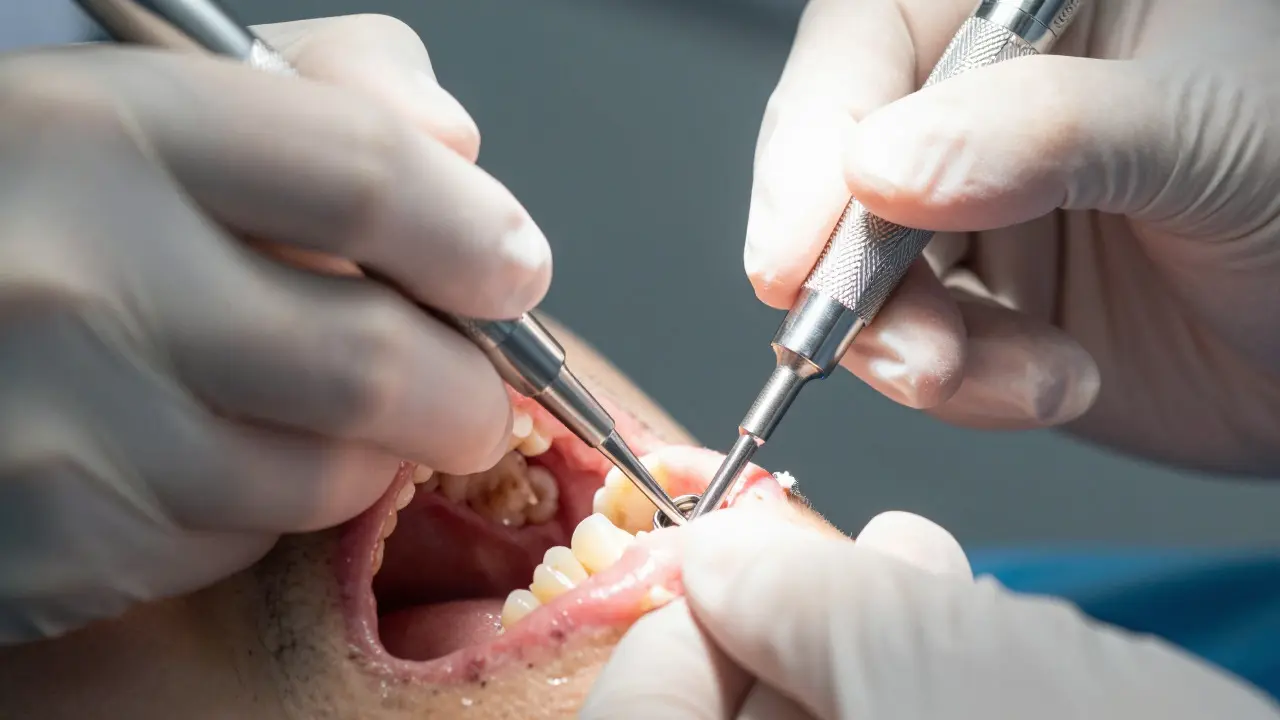 Záběr zblízka na chirurgický zákrok osazování titánového zubního implantátu do kosti