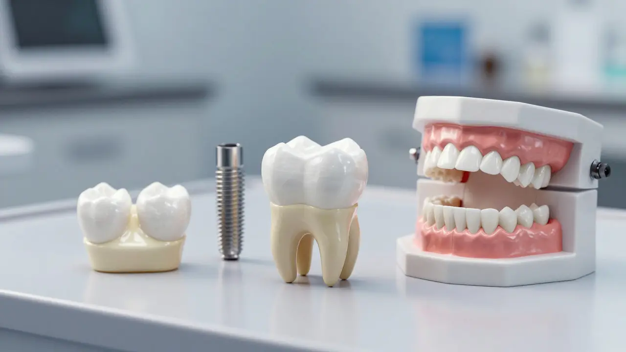 Zubní korunka, kompozitní materiál a implantát v laboratoři