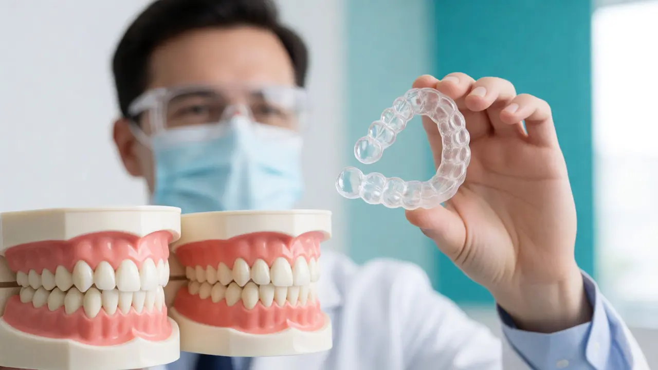 Zubní lékař drží průhlednou nocní dlahu vedle modelu opravených zubů
