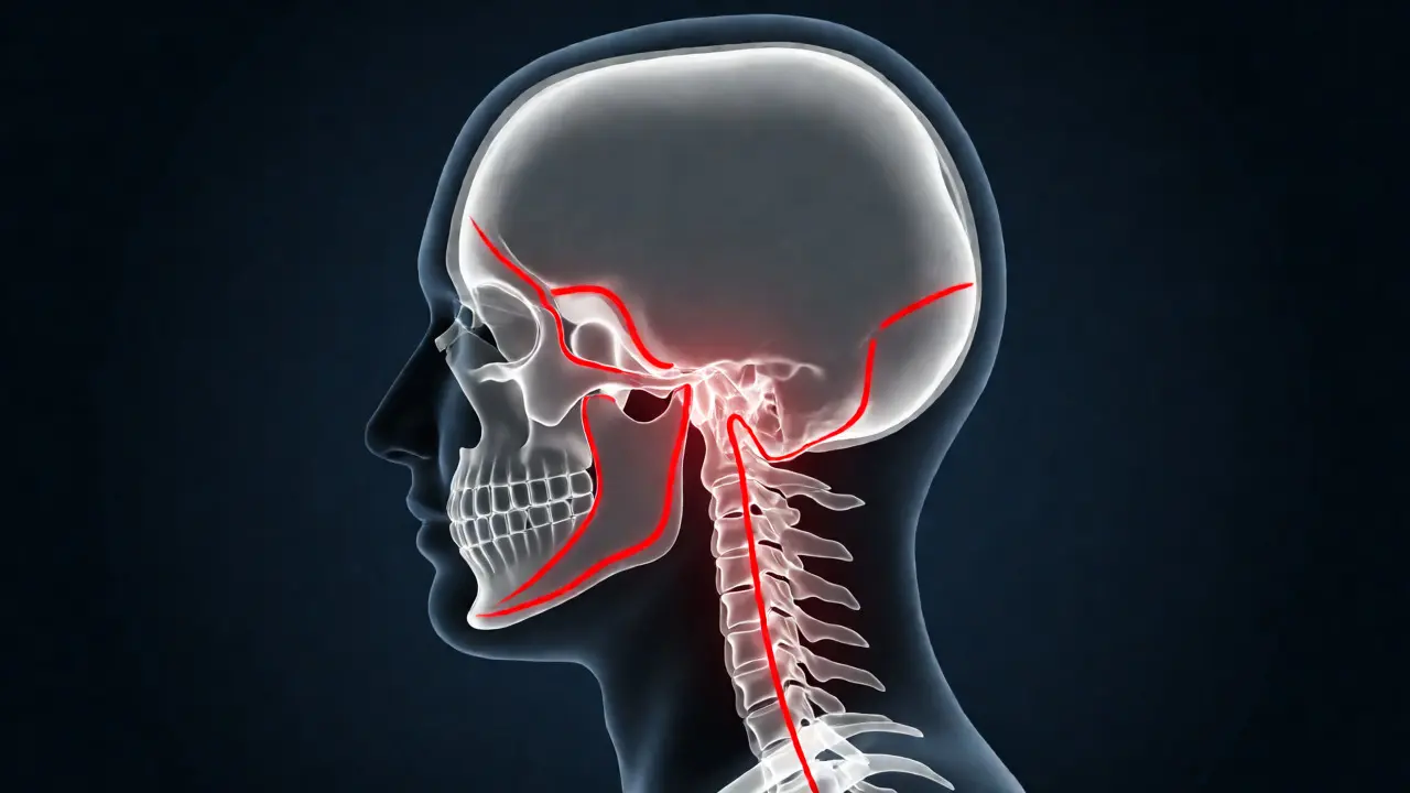 Anatomický náčrt hlavy s vyznačeným bolestivým čelistním kloubem