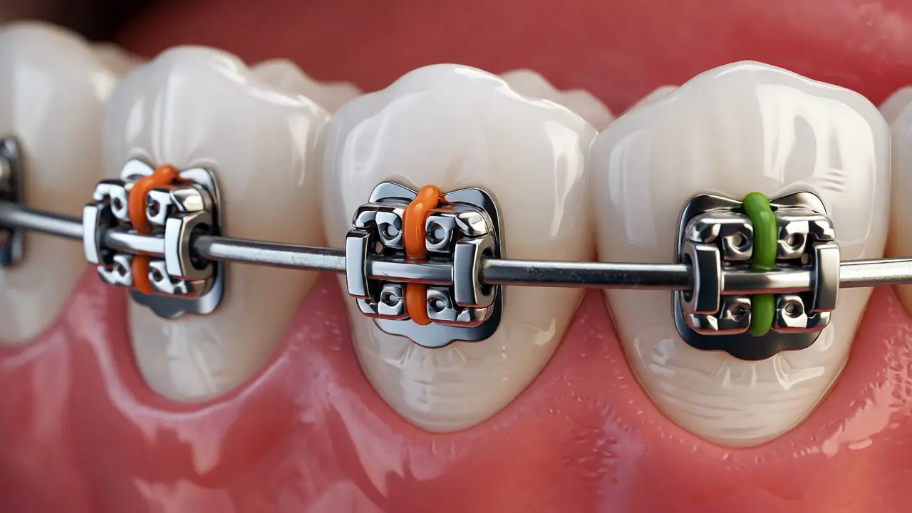 Detail fixních rovnátek s dráty a bracketky na zubech
