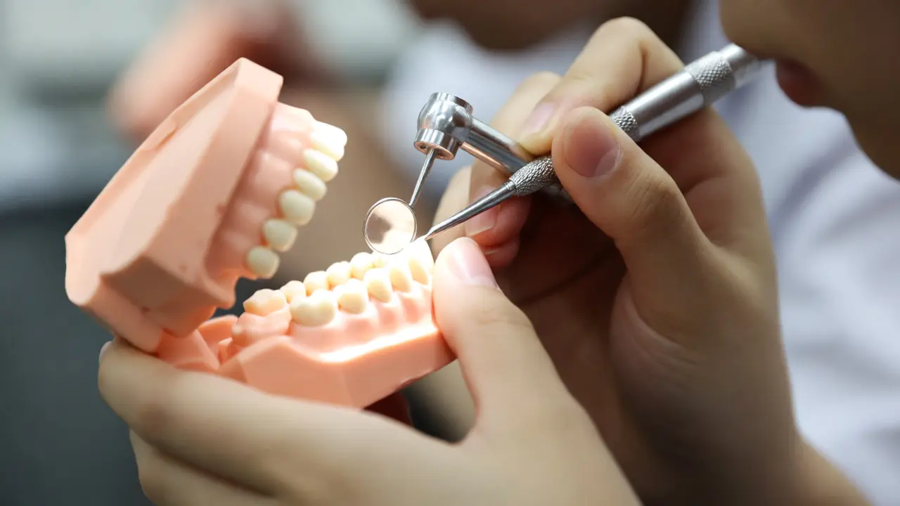 Detail rukou zubního studenta pracujících s nástroji na modelu čelisti v laboratoři.