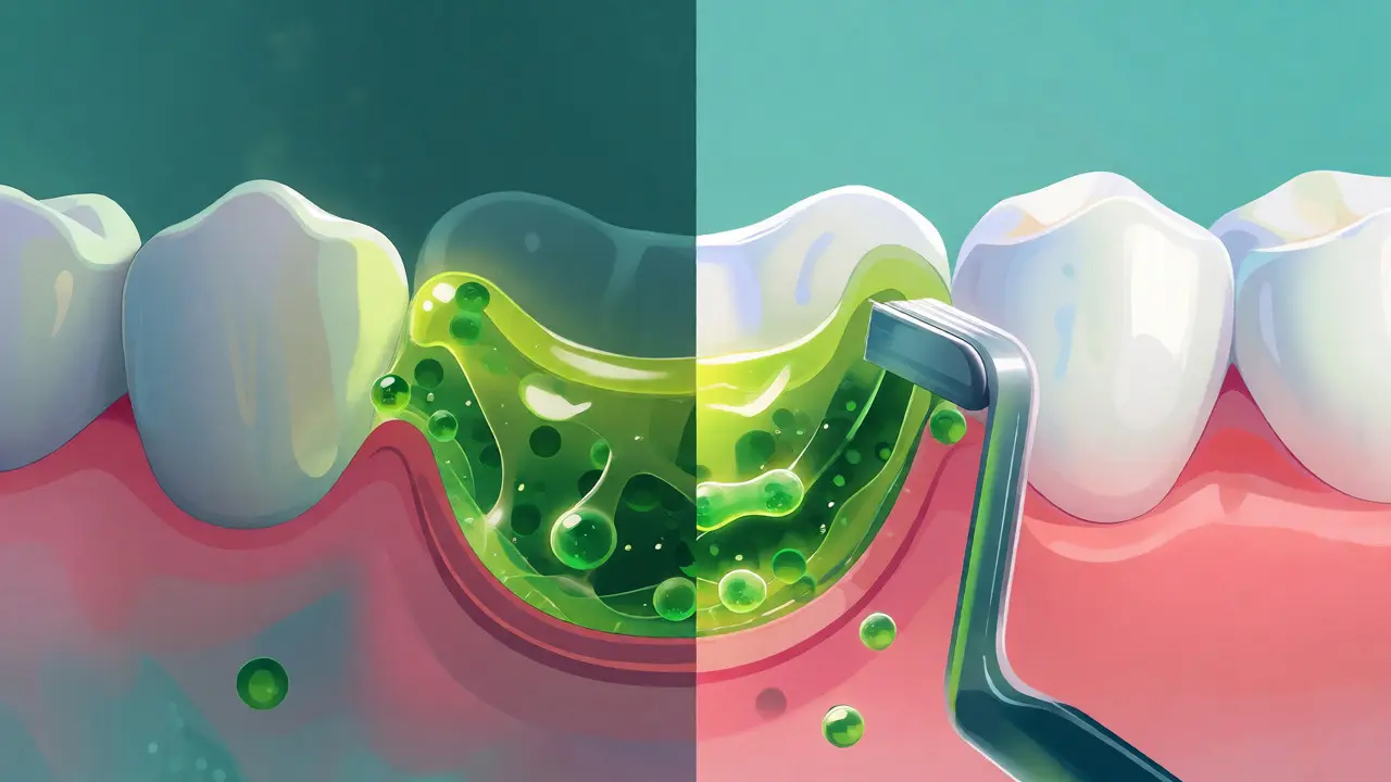 Ilustrace odstraňování plakety mezizubním kartáčkem
