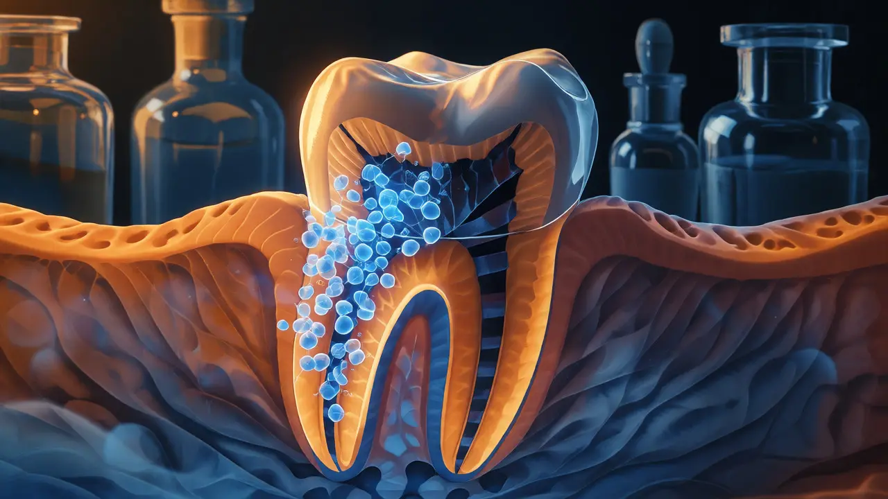 Konceptuální ilustrace vazby antibiotik na strukturu vyvíjejícího se zubu