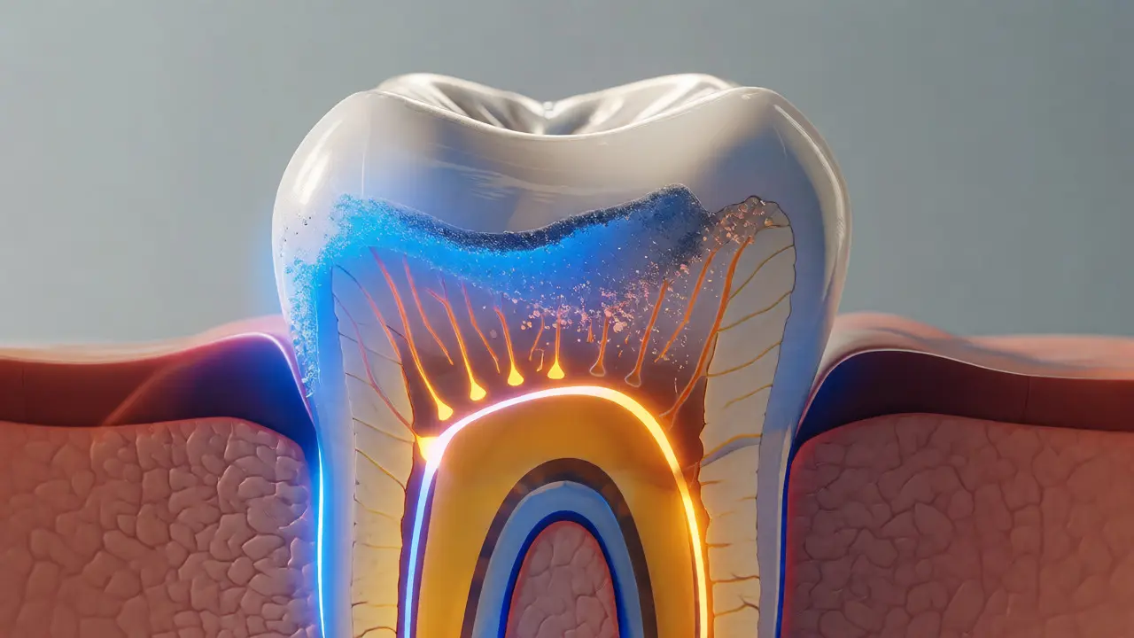 Průřez zubem ukazující sklovinu a citlivý dentin